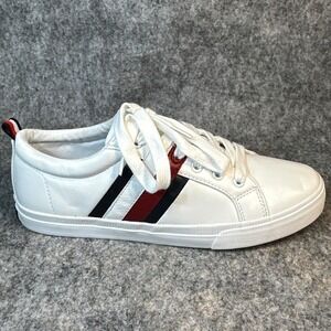 Tommy Hilfiger Womens Sneakers Size 8.5 Lireai White Faux Leather Stripped Shoes
